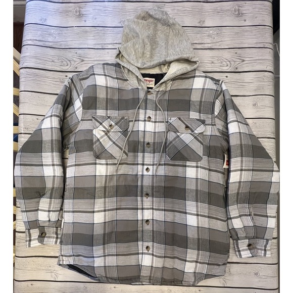 Wrangler Other - Wrangler Authentics Flannel Hooded Insulated Button-Up Jacket Mens L Gray Plaid